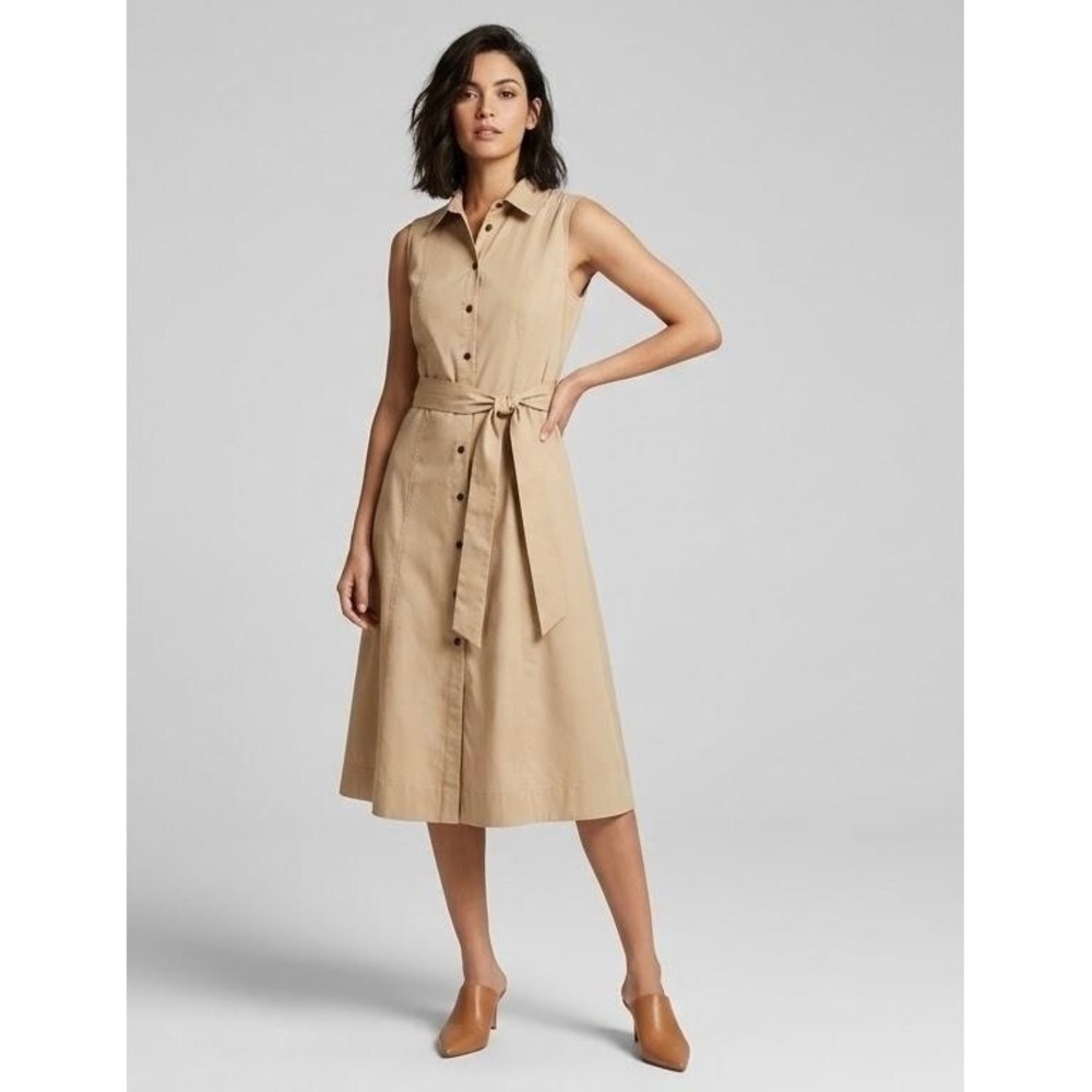 Anne Klein Shirtdress Womens 6 Tan Sleeveless Belted Midi Button Front Pocket